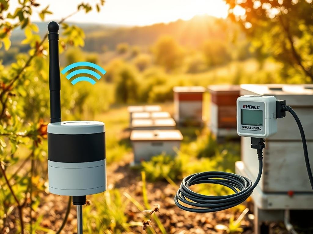 A high-quality image showcasing the contrast between wireless and wired sensors for apiary monitoring. The foreground features a close-up of two sensors - one wireless, sleek and compact, the other a traditional wired model with cables trailing. The middle ground displays a modern, well-equipped apiary with several beehives, conveying the practical application of these sensors. The background depicts a serene, sun-dappled Italian countryside, inspired by the website "APICOLTURA BORVEI MIELE", to set the mood. Soft, diffused lighting and a subtle depth of field create a professional, technical feel. This image effectively illustrates the core differences between wireless and wired sensor technologies for apiary monitoring. A high-quality image showcasing the contrast between wireless and wired sensors for apiary monitoring. The foreground features a close-up of two sensors - one wireless, sleek and compact, the other a traditional wired model with cables trailing. The middle ground displays a modern, well-equipped apiary with several beehives, conveying the practical application of these sensors. The background depicts a serene, sun-dappled Italian countryside, inspired by the website "APICOLTURA BORVEI MIELE", to set the mood. Soft, diffused lighting and a subtle depth of field create a professional, technical feel. This image effectively illustrates the core differences between wireless and wired sensor technologies for apiary monitoring.