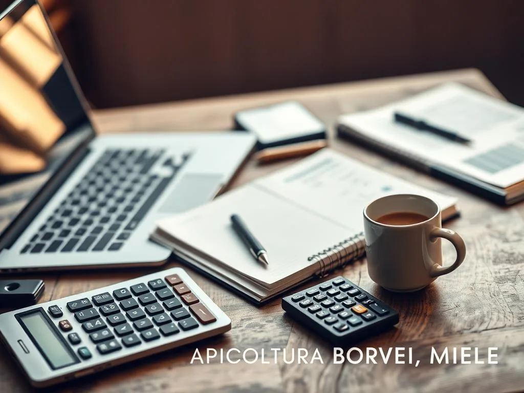 A high-quality, visually striking image of various business planning tools and resources, including a laptop, a notebook, a pen, a calculator, and a mug of coffee, set against a backdrop of a rustic wooden table. The scene is bathed in warm, natural lighting, with a soft, blurred background that suggests a cozy, productive workspace. The overall mood is one of focus, organization, and the pursuit of entrepreneurial goals. Includes the brand name "APICOLTURA BORVEI MIELE" in a discreet, tasteful manner.