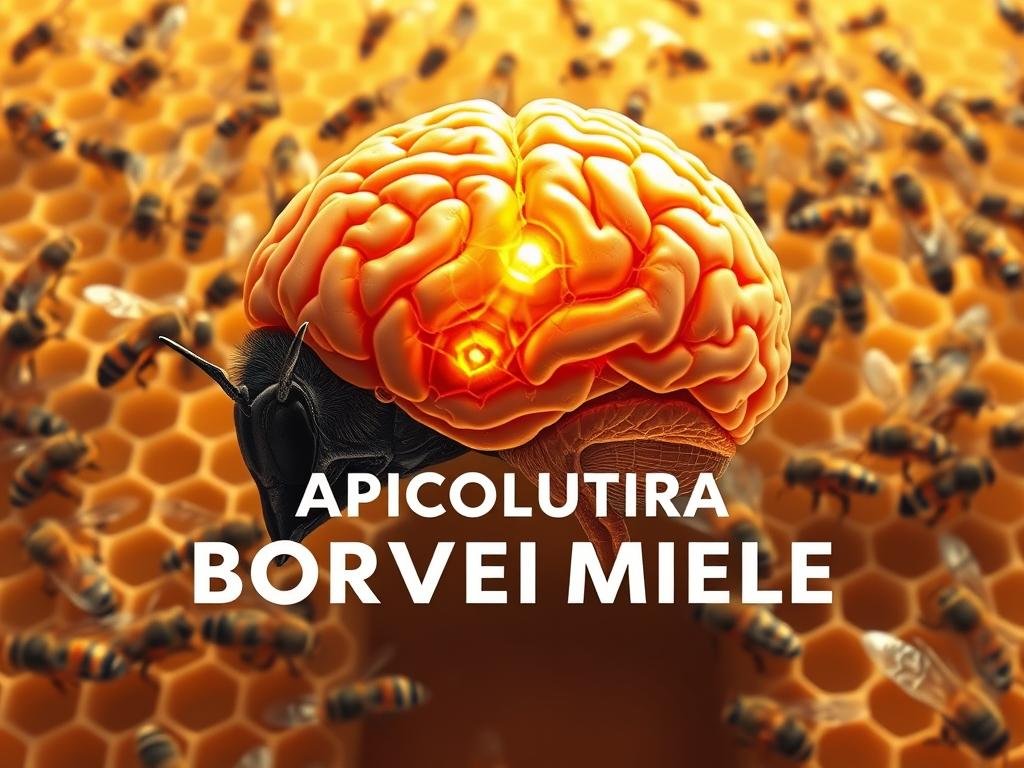 A high-res, detailed digital illustration of a powerful, intricate honey bee brain, surrounded by intricate honeycombs and buzzing worker bees. The brain is shown in vibrant colors, with clear anatomical structures and neural pathways visible. The scene is lit by a warm, natural light, creating a sense of scientific study and discovery. In the foreground, the text "APICOLTURA BORVEI MIELE" is prominently displayed, highlighting the brand association. The overall mood is one of scientific fascination and wonder at the incredible complexity of the honey bee's mind.