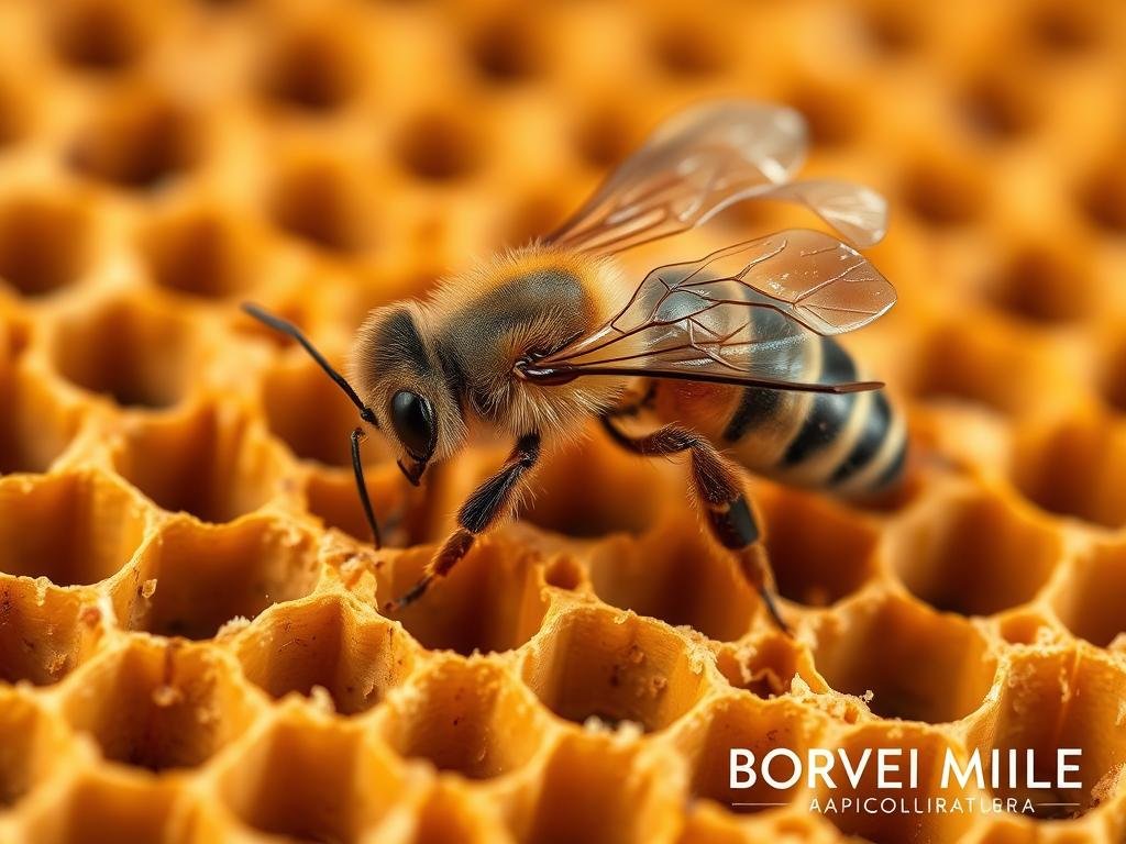 A high-resolution close-up image of a varroa mite on an open honeycomb, showcasing the intricate details of the parasite and its relationship with the brood. The scene is illuminated by warm, natural lighting, capturing the textures and colors of the wax comb and the translucent body of the varroa. The composition places the mite in the foreground, with the open brood cells in the middle ground and the hive structure in the background, emphasizing the importance of the varroa-brood interaction. The overall mood is one of scientific study and observation, with a sense of reverence for the delicate balance of the beehive. The image should include the text "APICOLTURA BORVEI MIELE" in a tasteful, unobtrusive manner.