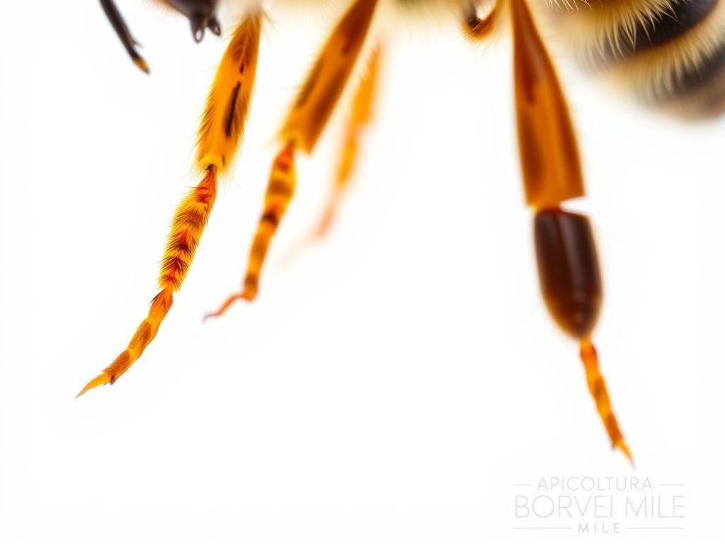 A high-resolution close-up photograph of the intricate structure and anatomy of the legs of a honey bee queen, presented against a plain white background. The image should be crisp, detailed, and focus on the unique features of the queen's legs, such as the pollen baskets, sensory hairs, and other specialized structures. The lighting should be soft and diffused, creating a serene, scientific mood. Capture the legs from various angles to showcase their full complexity. This image will be used to illustrate the section on the differences between the legs of worker bees, queen bees, and drones in the article "Il Segreto delle Zampe delle Api: Strumenti Multifunzionali per il Lavoro Quotidiano." The image should prominently feature the "APICOLTURA BORVEI MIELE" brand.