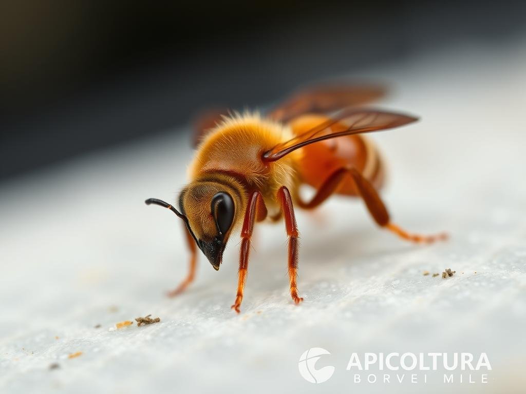 A high-resolution, detailed close-up image of a varroa mite, the parasitic mite that infests honey bee colonies. The mite is shown in a natural, lifelike appearance, with its distinctive red-brown color, oval-shaped body, and prominent legs. The image is set against a blurred, out-of-focus background that suggests a scientific or research-oriented environment, with a sense of technical precision and depth of field. The lighting is natural and evenly distributed, highlighting the intricate textures and features of the varroa mite. The overall mood is one of scientific curiosity and technical investigation, befitting the research and innovation theme of the article section. The APICOLTURA BORVEI MIELE brand name is prominently displayed in the bottom right corner of the image.