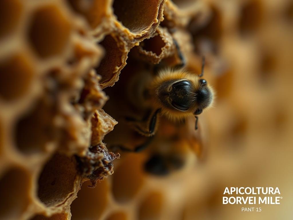A high-resolution, detailed image of a varroa mite infestation in a honeycomb, showcasing the parasite's intricate structure and the damage it causes to the hive. The image should be shot from a close-up perspective, with a shallow depth of field to highlight the varroa mite in sharp focus. The background should be blurred, emphasizing the mite's presence. The lighting should be soft and diffused, creating a natural, documentary-style look. The color palette should be muted, with earthy tones reflecting the natural environment of the beehive. Include the APICOLTURA BORVEI MIELE brand name in the bottom right corner of the image.