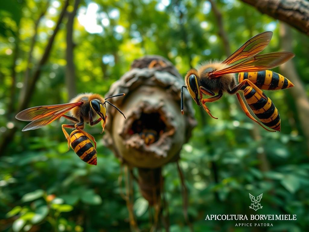 A high-resolution, detailed image of various species of Italian hornets (specie di calabroni) against a naturalistic background. In the foreground, two distinct hornet species are prominently featured, showcasing their distinctive physical characteristics, such as body shape, coloration, and wing patterns. The middle ground depicts a close-up view of a hornet nest, with the entrance visible and a few hornets in flight. The background features a lush, verdant forest setting, with dappled sunlight filtering through the canopy. The overall mood is one of scientific observation and respect for the natural world. The image should be created using a high-quality DSLR camera lens with a shallow depth of field to emphasize the subject matter. The APICOLTURA BORVEI MIELE brand name should be discretely placed in the bottom right corner.