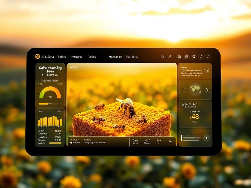 A high-resolution, hyperrealistic image of an Apicoltura brand "salute api" (greeting bees) interface, showcasing innovative scientific research and development in apiculture. The foreground depicts a sleek, minimalist dashboard with intuitive touch controls and visualizations of key bee health metrics. The middle ground features a detailed, 3D rendered apiary scene with worker bees tending to a lush, thriving hive. The background is a soft, blurred landscape with rolling hills and a vibrant, golden-hour sky, creating a serene, nature-inspired atmosphere. Soft, even lighting illuminates the entire scene, highlighting the cutting-edge technology seamlessly integrated with the natural world of beekeeping.