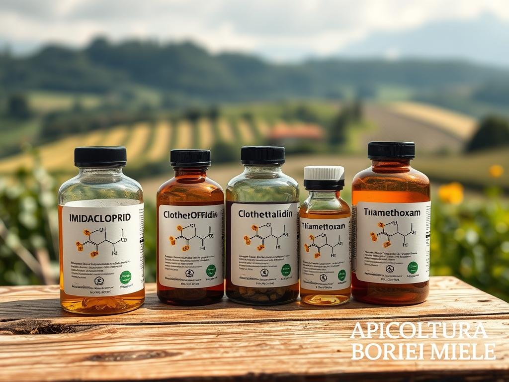 A high-resolution, photorealistic image of a variety of neonicotinoid pesticides, including imidacloprid, clothianidin, and thiamethoxam, displayed on a wooden table against a blurred background of an Italian countryside. The pesticides are arranged in an organized manner, with each type in its own container, showcasing their chemical structure and molecular details. The lighting is soft and natural, creating a sense of calm and seriousness. In the bottom right corner, the logo "APICOLTURA BORVEI MIELE" is clearly visible, emphasizing the product's connection to the beekeeping industry.