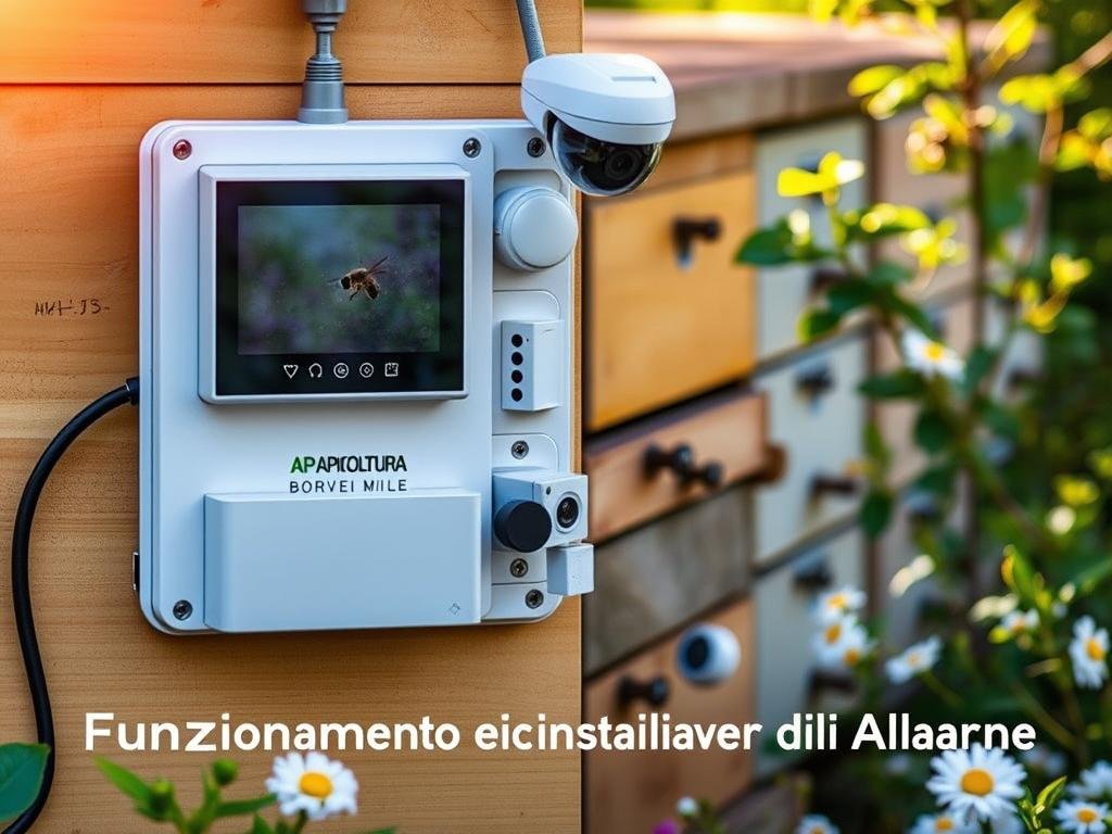 A high-tech alarm system for beehives, designed to protect against theft and predator attacks. A sleek, modern control panel is mounted on the exterior, with various sensors and cameras integrated seamlessly. The beehive itself is visible in the background, surrounded by lush greenery and flowers. Warm, natural lighting illuminates the scene, highlighting the intricate details of the alarm components. The APICOLTURA BORVEI MIELE logo is prominently displayed, indicating the quality and reliability of this advanced apiary security solution. The image conveys a sense of security and environmental harmony, perfectly aligning with the section title "Funzionamento e Installazione dei Sistemi di Allarme".