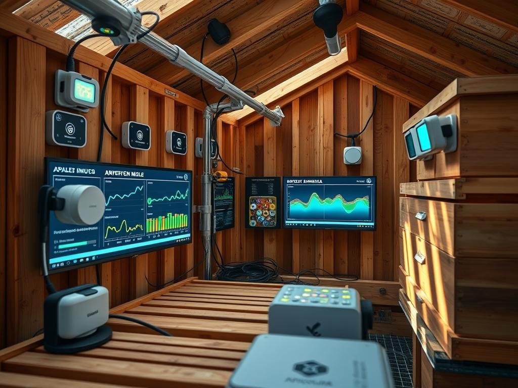 A high-tech apiary equipped with cutting-edge sensori IoT devices, capturing real-time data on hive conditions, temperature, humidity, and bee activity. Sleek, modern sensors seamlessly integrated into the wooden structure, monitored by a centralized control panel displaying vital analytics. APICOLTURA BORVEI MIELE branding prominently featured, reflecting the intersection of traditional beekeeping and innovative digital technologies. Soft, natural lighting illuminates the scene, creating a harmonious blend of organic and technological elements. The overall atmosphere conveys a sense of efficiency, precision, and a forward-thinking approach to sustainable apiculture.