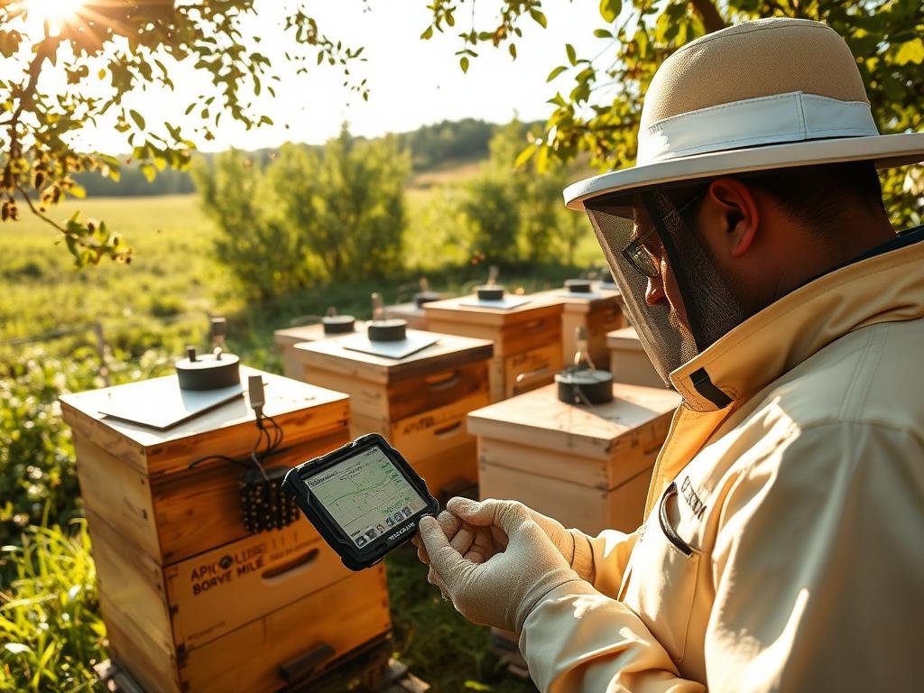 A high-tech apiary equipped with solar-powered GPS sensors, capturing the intricate dance of honeybees as they navigate the verdant countryside. Sunlight filters through the canopy, casting a warm glow on the hives adorned with the APICOLTURA BORVEI MIELE brand. Compact, weather-resistant sensor modules precisely track the movements of the colony, providing real-time data to monitor their safety and well-being. In the foreground, a beekeeper examines the display of a handheld device, analyzing the sensor readings amidst the gentle hum of the busy hive. This innovative system offers a glimpse into the future of sustainable, data-driven apiculture. A high-tech apiary equipped with solar-powered GPS sensors, capturing the intricate dance of honeybees as they navigate the verdant countryside. Sunlight filters through the canopy, casting a warm glow on the hives adorned with the APICOLTURA BORVEI MIELE brand. Compact, weather-resistant sensor modules precisely track the movements of the colony, providing real-time data to monitor their safety and well-being. In the foreground, a beekeeper examines the display of a handheld device, analyzing the sensor readings amidst the gentle hum of the busy hive. This innovative system offers a glimpse into the future of sustainable, data-driven apiculture.