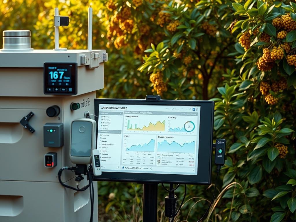 A high-tech apiary monitoring system featuring an array of sensors and wireless connectivity. In the foreground, a sleek, modern beehive with integrated monitoring devices, their displays showing critical data like temperature, humidity, and hive activity. In the middle ground, a networked control panel displays real-time analytics, alerting the beekeeper to any anomalies. In the background, a lush, verdant apiary with APICOLTURA BORVEI MIELE branding, showcasing the system's seamless integration into the natural environment. Soft, warm lighting illuminates the scene, creating a sense of efficiency and environmental harmony.