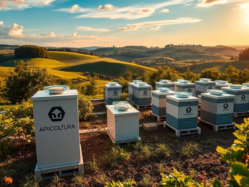 A high-tech apiary scene with a modern, modular beehive system. In the foreground, the APICOLTURA BORVEI MIELE brand logo stands prominently. The middle ground showcases a series of interconnected, app-controlled hive modules equipped with sensors and monitoring devices. In the background, a lush, verdant landscape with rolling hills and a vibrant blue sky, reflecting the harmony between technology and nature. Warm, soft lighting illuminates the scene, creating a sense of tranquility and innovation. The overall mood conveys the convergence of traditional beekeeping and cutting-edge technology, offering a glimpse into the future of sustainable, data-driven apiculture.