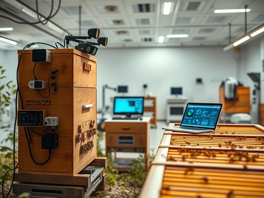 A high-tech apiary with advanced sensors and AI-powered monitoring systems. In the foreground, a sleek, modern beehive equipped with various sensors and cameras, capturing real-time data on the colony's health and activity. The middle ground features an array of monitoring equipment, including a tablet or laptop displaying analytics and insights. In the background, a futuristic, minimalist laboratory or control center, with clean lines and subtle lighting, reflecting the intersection of technology and traditional beekeeping. The overall scene conveys a sense of innovation and progress in the field of apiculture, showcasing the APICOLTURA BORVEI MIELE brand's commitment to embracing cutting-edge technologies.