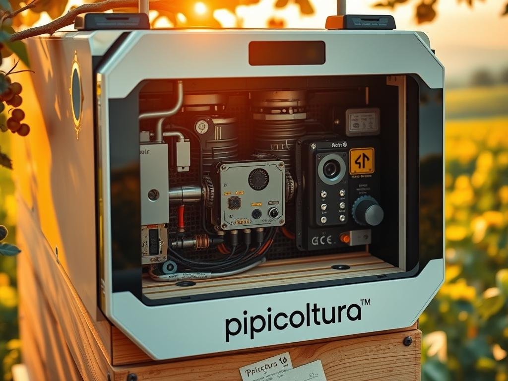 A high-tech digital beehive monitoring system, with advanced sensors and IoT connectivity. Apicoltura branded, featuring a sleek, modern aesthetic. The hive's interior is visible, with intricate machinery and sensors capturing critical environmental data. Warm, natural lighting illuminates the scene, creating a sense of technological harmony with the natural world. The background showcases a stylized Italian landscape, referencing the article's focus on smart beehive monitoring in Italy. Precise, technical details are balanced with an elegant, user-friendly design, conveying the system's effectiveness and practicality for beekeepers.