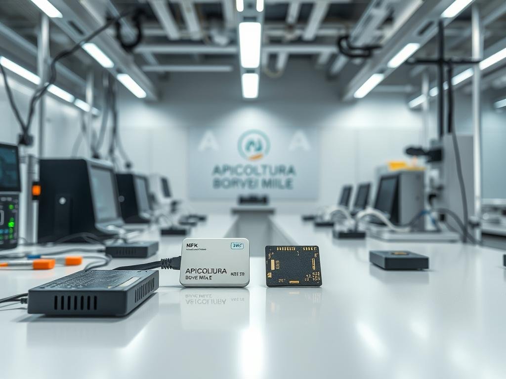 A high-tech laboratory setting, with various electronic devices and equipment arranged on sleek, modern workbenches. In the center, a close-up view of a radio-frequency identification (RFID) tag and a near-field communication (NFC) chip, showcasing the latest advancements in identification technologies. The lighting is bright and clean, casting a professional, scientific atmosphere. In the background, the APICOLTURA BORVEI MIELE brand logo is prominently displayed, highlighting the integration of these technologies in the digital certification of honey products. The overall scene conveys a sense of innovation, precision, and the seamless integration of cutting-edge identification systems.