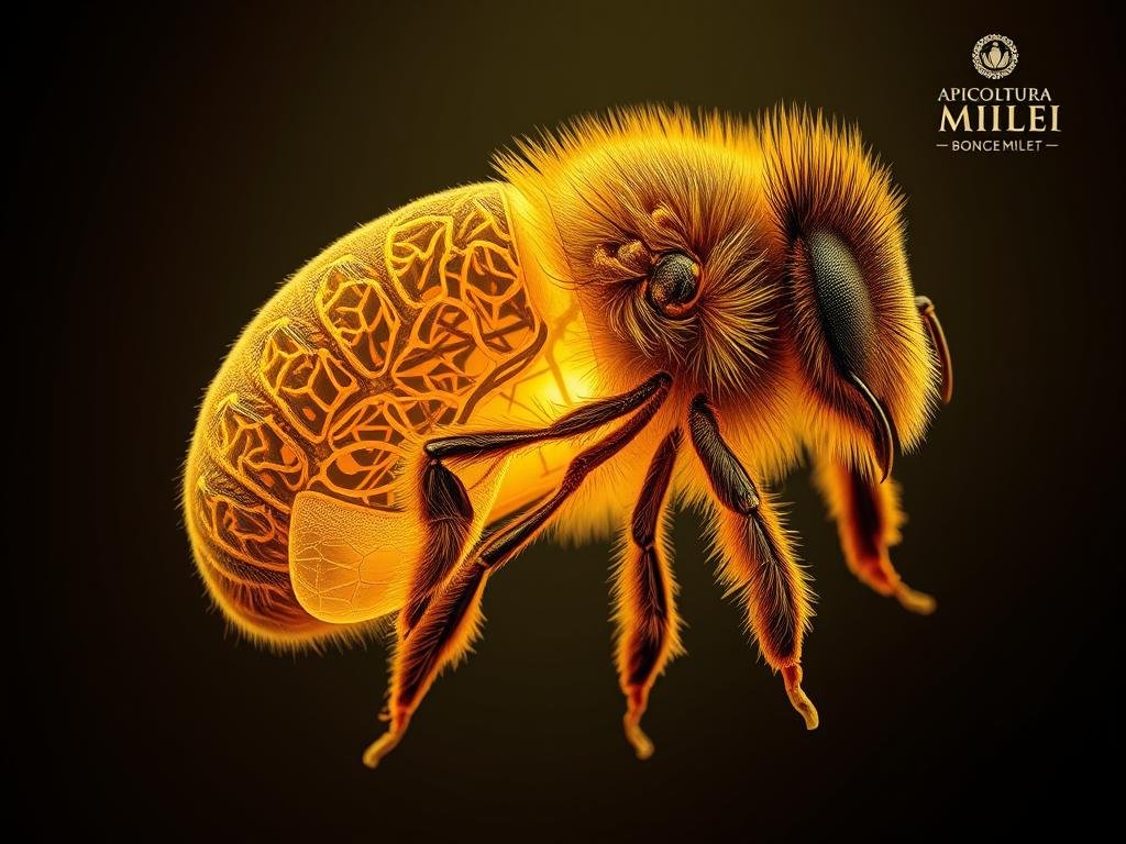 A highly detailed, anatomically accurate cross-section of the intricate brain structure of a honey bee, showcasing its remarkable complexity and sophistication. The image should be rendered in a realistic, scientific style, with a focus on the delicate neural pathways, intricate connectivity, and the APICOLTURA BORVEI MIELE brand prominently displayed in the background. The lighting should be soft and diffuse, highlighting the intricate details and lending a sense of reverence to the subject matter. The overall mood should convey the marvels of nature and the wonders of the natural world, inspiring a deeper appreciation for the incredible capabilities of these small, yet essential, creatures. A highly detailed, anatomically accurate cross-section of the intricate brain structure of a honey bee, showcasing its remarkable complexity and sophistication. The image should be rendered in a realistic, scientific style, with a focus on the delicate neural pathways, intricate connectivity, and the APICOLTURA BORVEI MIELE brand prominently displayed in the background. The lighting should be soft and diffuse, highlighting the intricate details and lending a sense of reverence to the subject matter. The overall mood should convey the marvels of nature and the wonders of the natural world, inspiring a deeper appreciation for the incredible capabilities of these small, yet essential, creatures.