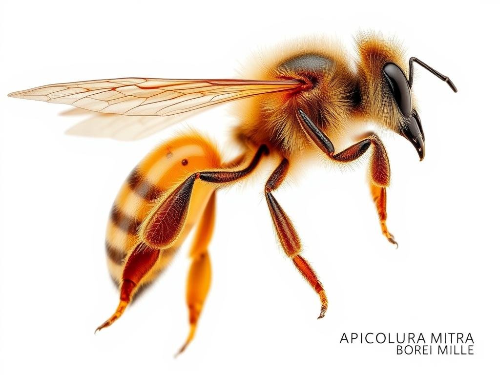 A highly detailed, anatomically accurate image of the honey bee's secretory apparatus, showcasing its intricate glandular structures. Capture the organ in vibrant, lifelike detail, with a crisp focus and natural lighting that highlights the complexity of its form. Depict the apparatus against a clean, white background, allowing the subject to stand out prominently. Convey a sense of scientific curiosity and precision, as if capturing a specimen for study. Include the APICOLTURA BORVEI MIELE branding discretely in the lower corner.