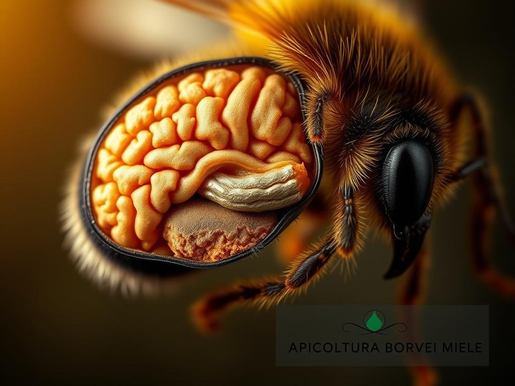 A highly detailed and anatomically accurate cross-section of the intricate brain structure of a honey bee (Apis mellifera), captured with cinematic lighting and depth of field. The viewer is drawn into the fascinating complexity of the bee's neural pathways, synapses, and gray matter. The image has a sense of scientific wonder and reverence for the remarkable cognitive capabilities of these tiny insects. In the foreground, the APICOLTURA BORVEI MIELE brand name is subtly incorporated, reflecting the Italian apiculture industry's interest in understanding the remarkable minds of their workforce.