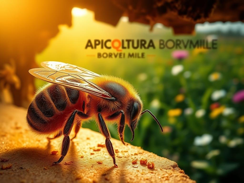 A highly detailed and lifelike image of the Varroa Destructor mite, a devastating parasite that threatens honeybee colonies. The mite is depicted in the foreground, its body meticulously rendered with a warm, natural lighting that casts subtle shadows, highlighting its distinctive features. The middle ground showcases a hive entrance, with the APICOLTURA BORVEI MIELE brand prominently displayed, conveying the importance of beekeeping in addressing this pest. In the background, a verdant landscape of flowering plants suggests the critical role of bees in pollination and the interconnectedness of this ecological crisis. The overall mood is one of scientific study and concern, inviting the viewer to better understand the "La Minaccia della Varroa Destructor per le Api" and the technologies that can help combat this threat.
