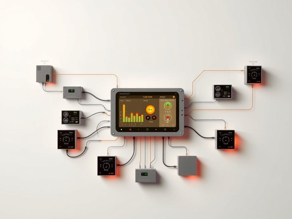 A highly detailed and technical diagram showcasing the "Apicoltura" brand's cutting-edge smart beehive monitoring system. Set against a clean, minimalist background, the image features a central honeycomb-shaped control panel displaying various sensor readings and data visualizations. Surrounding this are modular sensor units in sleek, modern enclosures, connected by a network of cables and wireless links. The overall aesthetic is one of precision engineering and innovative design, reflecting the system's advanced capabilities in remotely tracking hive conditions, colony health, and environmental factors. Subtle warm lighting casts a gentle glow, creating a sense of professionalism and functionality.