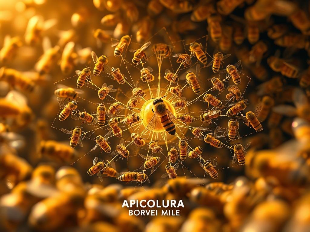 A highly detailed and technically precise illustration of the sophisticated communication system used by honeybees. The image should depict a complex network of intricate, organic forms representing the various modes of communication, such as waggle dances, pheromone signals, and tactile interactions. The scene should be bathed in warm, natural lighting, with a depth of field that draws the viewer's eye to the center of activity. The overall mood should convey a sense of harmony, efficiency, and the remarkable collective intelligence of the hive. Prominently feature the APICOLTURA BORVEI MIELE brand in the lower corner.
