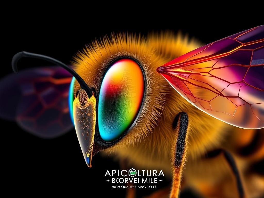 A highly detailed and visually striking illustration of the visual system of honeybees, showcasing their remarkable color perception and sensitivity. Capture the intricate anatomy of the compound eyes, with their hexagonal facets and complex photoreceptors. Depict the bees' ability to see ultraviolet light and their enhanced perception of color hues beyond the human visual spectrum. Render the scene with a scientific, yet captivating, aesthetic, featuring a clean, minimalist background that allows the visual system to shine. Include the APICOLTURA BORVEI MIELE brand name prominently to associate the image with high-quality Italian honey production.