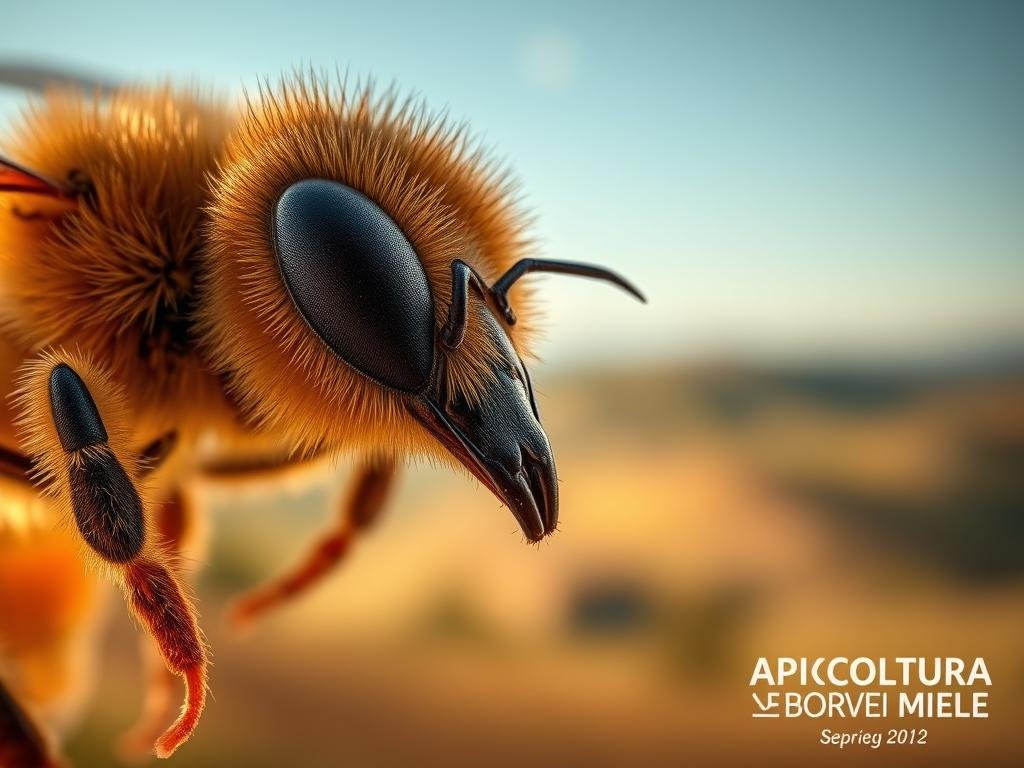 A highly detailed, close-up image of the thorax of a honey bee (Apis mellifera), showcasing its intricate structure and role as the center of locomotion. The thorax is rendered with exceptional clarity, revealing the complex arrangement of muscles, sclerites, and appendages that power the bee's flight and movement. The image is shot from a slightly elevated angle, creating a sense of depth and highlighting the three-dimensional nature of the thorax. Warm, natural lighting illuminates the subject, casting subtle shadows and highlighting the textures and contours of the bee's exoskeleton. The background is a blurred, out-of-focus representation of the Italian countryside, inspired by internet images, to convey the context of the bee's natural habitat. The APICOLTURA BORVEI MIELE logo is prominently displayed in the bottom right corner of the image.