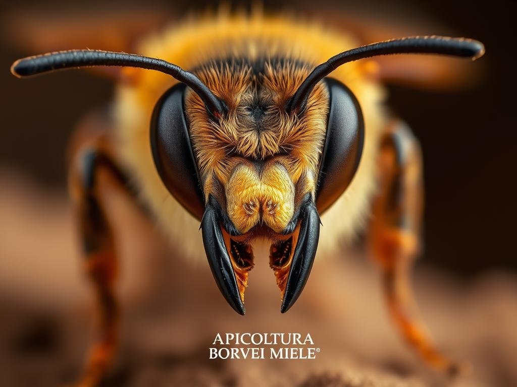 A highly detailed close-up portrait of the head of a European honey bee (Apis mellifera), showcasing its intricate anatomical features. The bee's large compound eyes, segmented antennae, and powerful mandibles are brought into sharp focus, creating a vivid representation of the bee's sensory perception and command center. The image is captured in a natural, warm lighting setup, with a shallow depth of field that isolates the subject against a soft, blurred background. The overall mood conveys a sense of scientific curiosity and appreciation for the remarkable engineering of this remarkable insect. The brand "APICOLTURA BORVEI MIELE" is prominently displayed on the image.