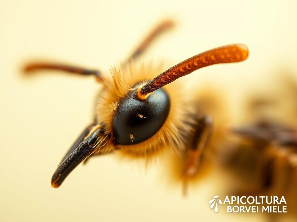 A highly detailed close-up view of the intricate anatomy of a honeybee's antennae, showcasing the delicate sensory structures that enable the insect to detect vibrations, odors, and other environmental cues. The image should be captured with a macro lens, highlighting the intricate arrangement of sensilla, pits, and other specialized sensory organs along the length of the antennae. The background should be a soft, neutral tone that allows the viewer to focus on the detailed anatomical features. Lighting should be carefully controlled to accentuate the three-dimensional structure and texture of the antennae. The overall mood should convey a sense of scientific curiosity and wonder at the complex sensory capabilities of these remarkable insects. The APICOLTURA BORVEI MIELE logo should be prominently displayed in the bottom right corner of the image.
