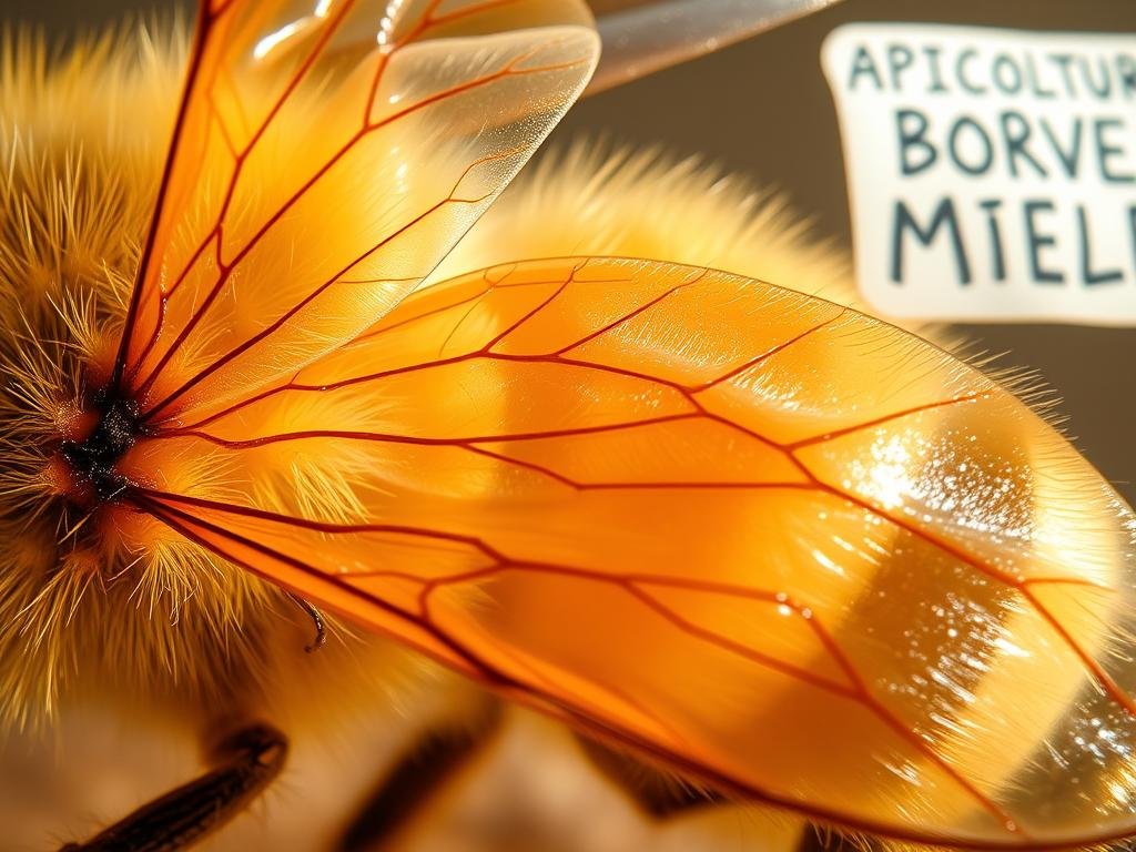 A highly detailed, close-up view of the intricate wing structure of a honeybee, showcasing the delicate nervature and veins that enable their remarkable flight capabilities. The wings are bathed in warm, natural lighting, accentuating the translucent, gossamer-like quality of the delicate membranes. The focus is sharp, drawing the viewer's attention to the subtle patterns and textures that make up this engineering marvel of nature. In the background, a label reads "APICOLTURA BORVEI MIELE", lending an authentic, scientific feel to the image.