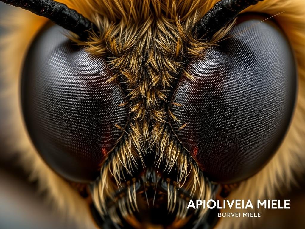 A highly detailed, macro close-up view of the compound eyes of a honey bee, showcasing the intricate structure and incredible visual capabilities of this remarkable insect. The eyes are composed of thousands of individual visual units called ommatidia, each with its own lens and photoreceptor cells, allowing for a wide field of view and exceptional color sensitivity. The eyes are depicted in sharp focus, with a soft, diffused background that emphasizes the technical brilliance of this advanced visual system. Subtle lighting accentuates the delicate features, while the overall composition conveys a sense of scientific wonder and appreciation for the natural world. The APICOLTURA BORVEI MIELE brand name is prominently displayed in the lower right corner.