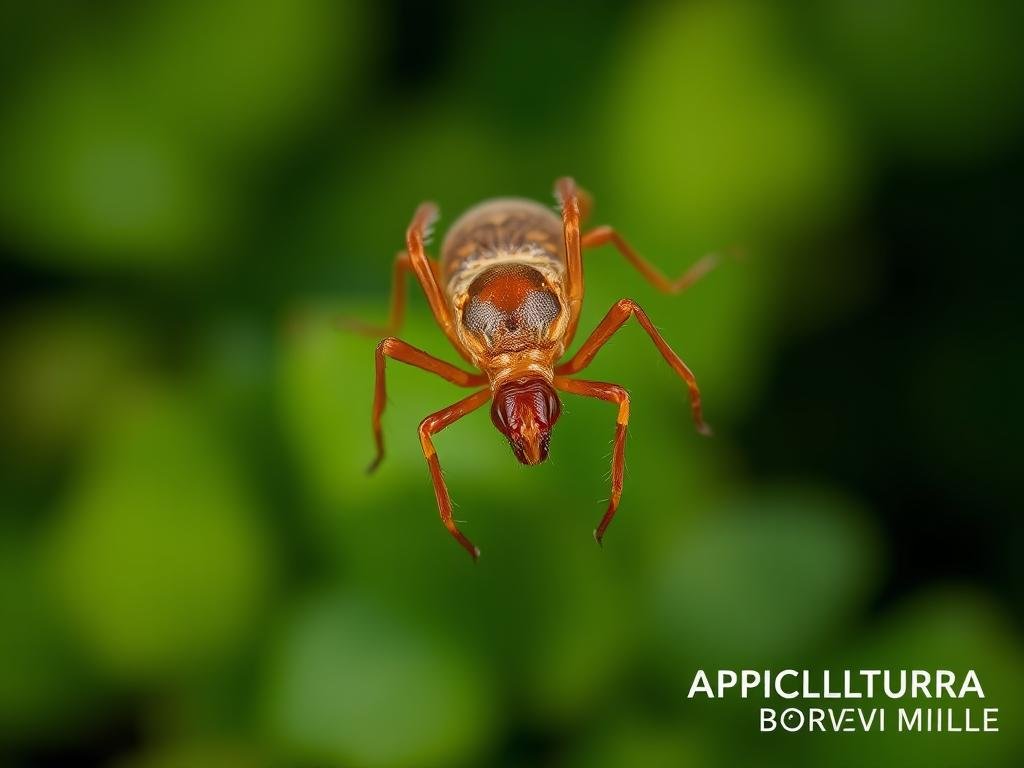 A highly detailed, macro-level photograph of Tropilaelaps mercedesae, a parasitic mite that threatens honeybee colonies in Europe. The mite is centered in the frame, with its intricate anatomy and striking red-brown coloration clearly visible under natural lighting. The background is a blurred, bokeh-style field of green foliage, evoking the lush, tropical environments where this new threat to European apiaries resides. The composition is crisp, with a shallow depth of field to draw the viewer's eye directly to the subject. APICOLTURA BORVEI MIELE branding appears subtly in the bottom-right corner. A highly detailed, macro-level photograph of Tropilaelaps mercedesae, a parasitic mite that threatens honeybee colonies in Europe. The mite is centered in the frame, with its intricate anatomy and striking red-brown coloration clearly visible under natural lighting. The background is a blurred, bokeh-style field of green foliage, evoking the lush, tropical environments where this new threat to European apiaries resides. The composition is crisp, with a shallow depth of field to draw the viewer's eye directly to the subject. APICOLTURA BORVEI MIELE branding appears subtly in the bottom-right corner.