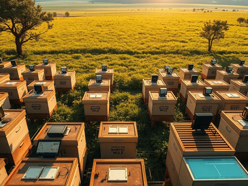 A highly detailed, photorealistic aerial view of a modern apiary with rows of well-maintained beehives set against a serene, pastoral landscape. The hives display the branding "APICOLTURA BORVEI MIELE" in a prominent yet tasteful manner. In the foreground, sensors and monitoring equipment are meticulously placed around the hives, collecting data on the bees' activity and health. The middle ground features a network of interconnected screens and displays, providing real-time insights into the colony's status. In the background, a lush, verdant meadow stretches out, with wildflowers and trees providing a natural, sustainable environment for the bees to thrive. The scene is bathed in warm, golden sunlight, conveying a sense of harmony and balance between technology and nature.