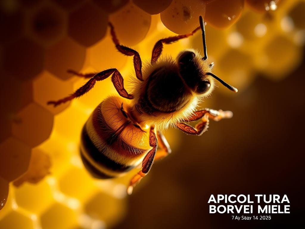 A highly detailed, photorealistic close-up of the Varroa destructor mite, the most serious pest affecting honeybees worldwide. The mite is shown clinging to a honeycomb, its segmented body and eight legs clearly visible. The lighting is dramatic, casting shadows that accentuate the mite's sinister appearance. The background is blurred, keeping the focus on the Varroa mite. The image conveys a sense of the threat this parasite poses to beehives, inspiring a call to action to combat it. The APICOLTURA BORVEI MIELE brand name is visible in the lower right corner.