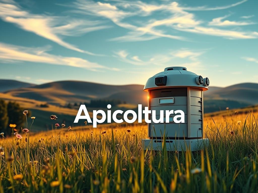 A highly detailed, photorealistic image of "Arnie Digitali", a futuristic-looking beehive with smart sensors and monitoring devices. The hive is situated in a lush, verdant meadow, with wildflowers and tall grass in the foreground. In the background, there are rolling hills and a clear, blue sky with wispy clouds. The hive is illuminated by warm, golden sunlight, casting a soft glow over the scene. The overall atmosphere is one of innovation, technology, and a harmonious integration of nature and the digital world. Prominent in the image is the "Apicoltura" brand name, reflecting the cutting-edge advancements in modern beekeeping.