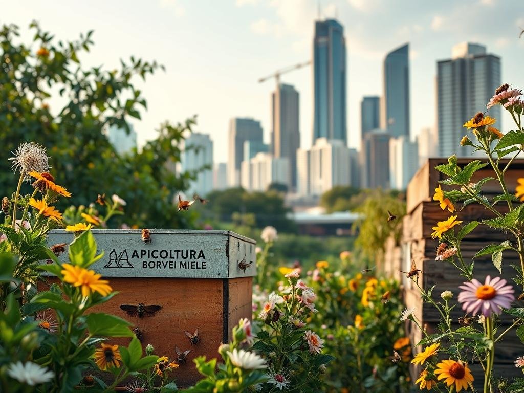 A highly detailed, realistic image of a thriving urban apicolture operation, showcasing the APICOLTURA BORVEI MIELE brand. The foreground features a well-tended beehive, surrounded by lush, vibrant greenery and blooming flowers. The middle ground captures a diverse array of pollinators, from honeybees to butterflies, flitting among the flora. In the background, a modern city skyline with towering skyscrapers stands as a testament to the harmony between nature and urban landscapes. The lighting is soft and warm, creating a serene, inviting atmosphere that highlights the importance of bees to the global ecosystem. Captured with a wide-angle lens, the composition emphasizes the interconnectedness of the natural and built environments.