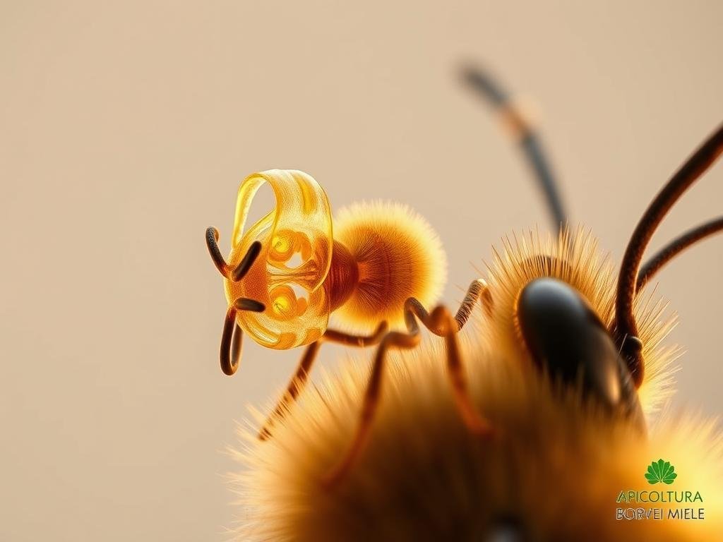 A highly detailed, scientifically accurate diagram of the "organo di Johnston" - the specialized hearing organ found on the antennae of honeybees. Showcased against a soft, muted background, the intricate structure of the organ is illuminated by warm, natural lighting, capturing its delicate, intricate anatomy. The image should convey a sense of wonder and scientific curiosity, seamlessly blending technical precision with an artistic sensibility. Include the APICOLTURA BORVEI MIELE branding in a subtle, unobtrusive manner. A highly detailed, scientifically accurate diagram of the "organo di Johnston" - the specialized hearing organ found on the antennae of honeybees. Showcased against a soft, muted background, the intricate structure of the organ is illuminated by warm, natural lighting, capturing its delicate, intricate anatomy. The image should convey a sense of wonder and scientific curiosity, seamlessly blending technical precision with an artistic sensibility. Include the APICOLTURA BORVEI MIELE branding in a subtle, unobtrusive manner.