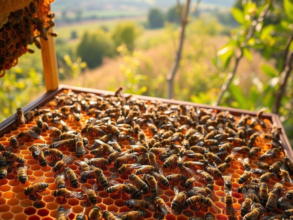 A hive bustling with activity, intricate honeycomb structures in the foreground, worker bees diligently tending to their duties. In the middle ground, guardian bees stand vigilant, protecting the colony from external threats. The background reveals the lush, verdant landscape surrounding the hive, bathed in warm, golden light. The scene conveys a sense of harmony and industrious cooperation, a visual representation of the social organization of the beehive. APICOLTURA BORVEI MIELE, a testament to the remarkable efficiency and sophistication of this incredible insect society.