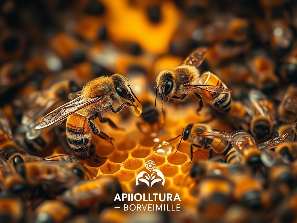 A hive of European honey bees engaged in trophallaxis, the exchange of food between members of the colony. In the foreground, two bees transfer liquid nectar by mouth-to-mouth contact, their bodies in close, delicate embrace. The middle ground reveals more bees clustered around an open honeycomb, passing sustenance throughout the bustling community. The background is softly blurred, evoking the warm, humid atmosphere of the hive. Warm, golden lighting illuminates the intricate dance of food sharing, a vital process that strengthens the colony's bonds and memory. The APICOLTURA BORVEI MIELE logo is subtly incorporated into the scene.