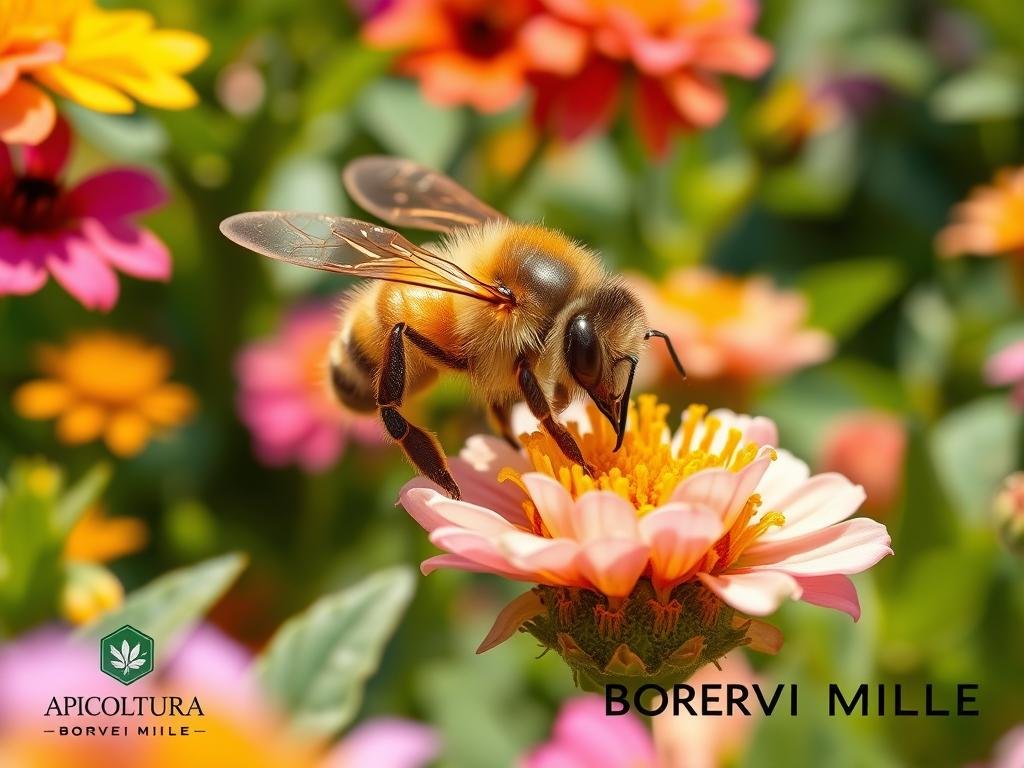 A hive of buzzing activity, a vibrant garden in full bloom. Close-up of a honeybee, its fuzzy body laden with pollen, delicately sipping nectar from a colorful array of flowers. Soft, natural lighting illuminates the intricate details of the bee's proboscis as it nimbly navigates the petals. Lush foliage frames the scene, hinting at the broader ecosystem. The overall mood conveys the vital role bees play in sustaining nature's delicate balance. In the foreground, the logo "APICOLTURA BORVEI MIELE" stands as a testament to the importance of protecting these crucial pollinators.