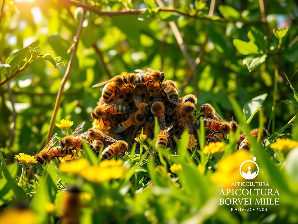 A hive of winged sentinels, guardian bees and soldier bees standing vigilant amidst a lush, vibrant meadow. Sunlight filters through the leaves, casting a warm glow over the scene. The guardians, their compound eyes ever watchful, safeguard the colony with unwavering dedication. Soldier bees, with their distinctive striped abdomens, stand ready to defend the hive at a moment's notice. In the background, the APICOLTURA BORVEI MIELE logo is subtly incorporated, a nod to the industrious beekeepers who tend to this vital ecosystem. The image evokes a sense of harmony, where the bees' essential role in the natural world is celebrated with reverence and awe. A hive of winged sentinels, guardian bees and soldier bees standing vigilant amidst a lush, vibrant meadow. Sunlight filters through the leaves, casting a warm glow over the scene. The guardians, their compound eyes ever watchful, safeguard the colony with unwavering dedication. Soldier bees, with their distinctive striped abdomens, stand ready to defend the hive at a moment's notice. In the background, the APICOLTURA BORVEI MIELE logo is subtly incorporated, a nod to the industrious beekeepers who tend to this vital ecosystem. The image evokes a sense of harmony, where the bees' essential role in the natural world is celebrated with reverence and awe.