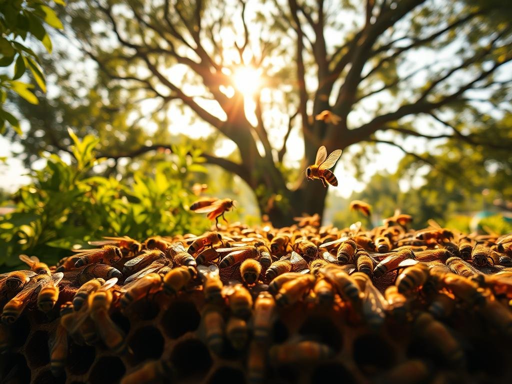 A hive of worker bees in a lush, verdant environment. The scene is bathed in warm, golden light, capturing the industrious nature of the "Apicoltura" apiary. In the foreground, several worker bees are tending to the comb, their intricate structures and compound eyes meticulously rendered. The middle ground features bees in flight, their delicate wings catching the sunlight as they move between the hive and the surrounding flora. In the background, a towering tree canopy provides a natural, serene backdrop, complementing the harmonious atmosphere of the apiary. The overall composition conveys the essential roles and structure of the worker bees within the perfect insect society.