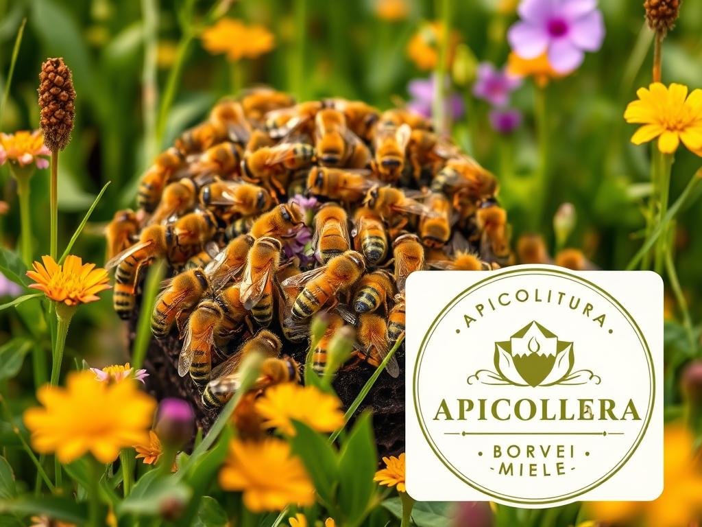 A honey bee colony in a verdant meadow, the hive nestled amidst vibrant flowers. Close-up shots capture the intricate details of the insects' bodies, their wings gently fluttering as they communicate through a symphony of buzzes and vibrations. Warm, soft lighting accentuates the golden hues of their fuzzy abdomens. The scene conveys a sense of harmony and the interconnectedness of the natural world. In the foreground, the APICOLTURA BORVEI MIELE logo prominently displayed, reflecting the artisanal quality of the honey produced by these industrious creatures.