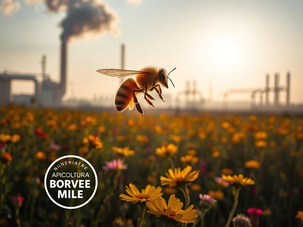 A honey bee hovering over a field of vibrant wildflowers, its delicate wings glistening in the warm afternoon sunlight. In the background, a hazy industrial landscape looms, with billowing smokestacks and leaking pipes that threaten the tranquil scene. The bee's movements are slightly sluggish, suggesting the presence of toxic pollutants in the air and soil. The frame captures the stark contrast between the natural world and the encroaching forces of industrialization, a visual metaphor for the challenges facing honeybees in modern Italy. The logo "APICOLTURA BORVEI MIELE" is prominently displayed, highlighting the impact of environmental degradation on these vital pollinators.