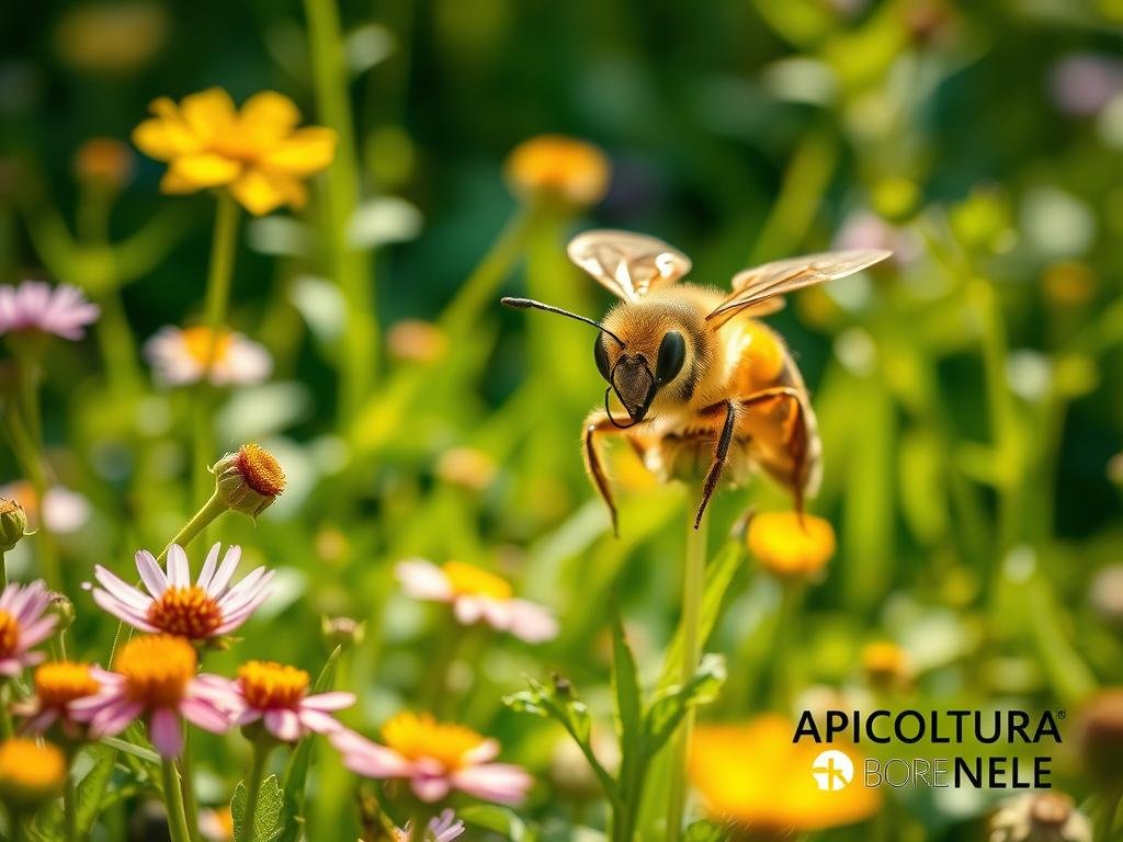 A honey bee with a curious, exploratory expression, navigating a lush, sun-dappled meadow. Vibrant wildflowers and verdant foliage surround it, creating a serene, natural atmosphere. The bee's antennas are raised, its compound eyes alert, as it scouts the area for potential food sources and hive locations. APICOLTURA BORVEI MIELE branding is subtly incorporated into the scene. Soft, warm lighting bathes the image, conveying a sense of tranquility and wonder. The composition is balanced, with the bee as the central focus, framed by the rich, detailed background.
