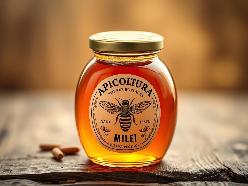 A honey-colored glass jar with a distinctive label reading "APICOLTURA BORVEI MIELE" rests on a rustic wooden surface. The label features a detailed illustration of a honey bee in flight, surrounded by delicate floral patterns. Soft, warm lighting illuminates the scene, creating a cozy, inviting atmosphere. The jar's shape and label design evoke a sense of traditional, artisanal craftsmanship. The overall composition aims to convey the quality, purity, and traceability of the honey within, in line with the article's focus on certified honey products.