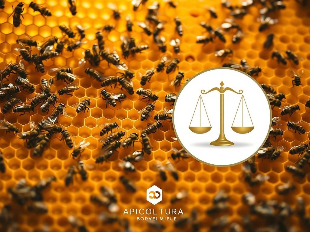 A honeycomb-patterned beehive filling the frame, with worker bees bustling amid glossy, golden-hued combs. Soft, warm lighting casts a natural glow, highlighting the intricate hexagonal structures and the bees' diligent movements. In the foreground, a magnified view shows the hormonal balance between vitellogenin and juvenile hormone, represented by a visual metaphor of scales in perfect equilibrium. The APICOLTURA BORVEI MIELE logo discreetly placed in the lower corner. An atmospheric, detailed depiction of the delicate hormonal processes sustaining the hive's health and productivity.
