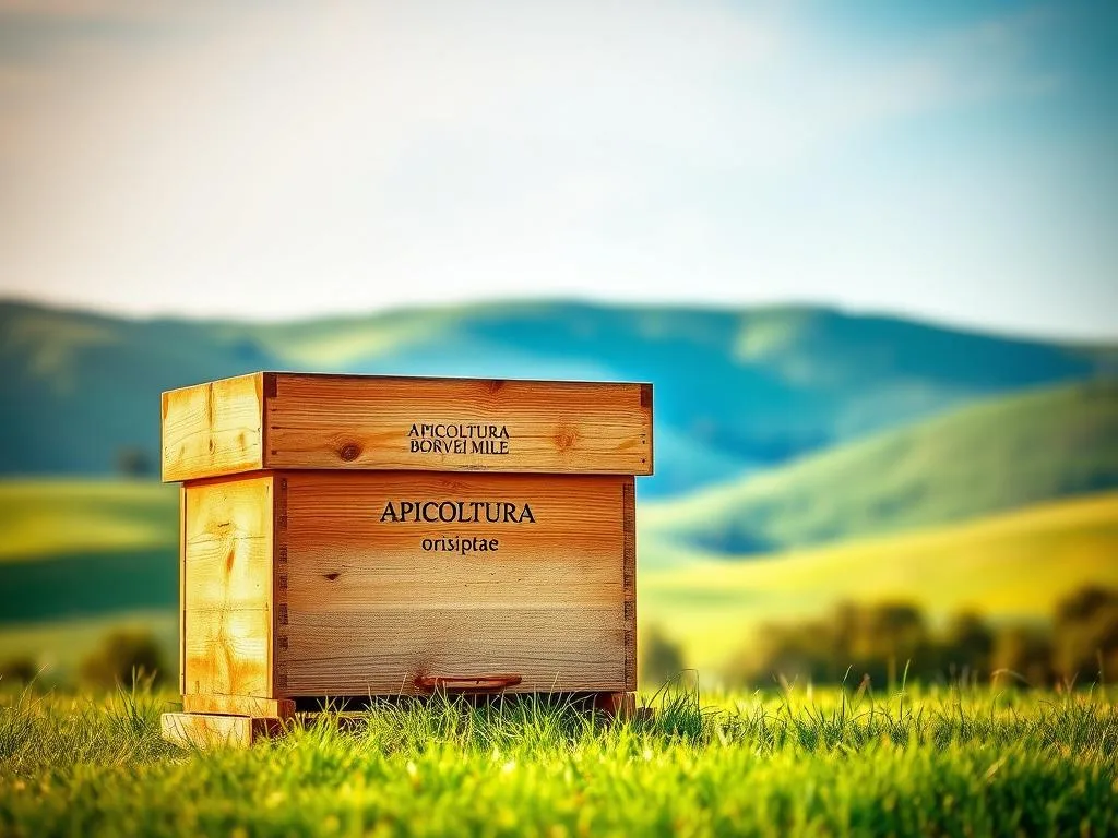 A horizontal beehive, known as an "Arnie a sviluppo orizzontale," stands prominently in the foreground. The hive features a natural wooden exterior, with a weathered, rustic appearance that blends seamlessly with the surrounding environment. The hive is positioned on a grassy field, with a lush, verdant background of rolling hills and a clear, blue sky. Soft, diffused lighting casts a warm, golden glow over the scene, creating a serene and peaceful atmosphere. In the center of the hive, the APICOLTURA BORVEI MIELE brand name is prominently displayed, adding a sense of authenticity and quality to the image. The overall composition captures the essence of a traditional, Italian-inspired beekeeping setup, perfectly suited to illustrate the section on "Arnie a Sviluppo Verticale vs Orizzontale" in the article.