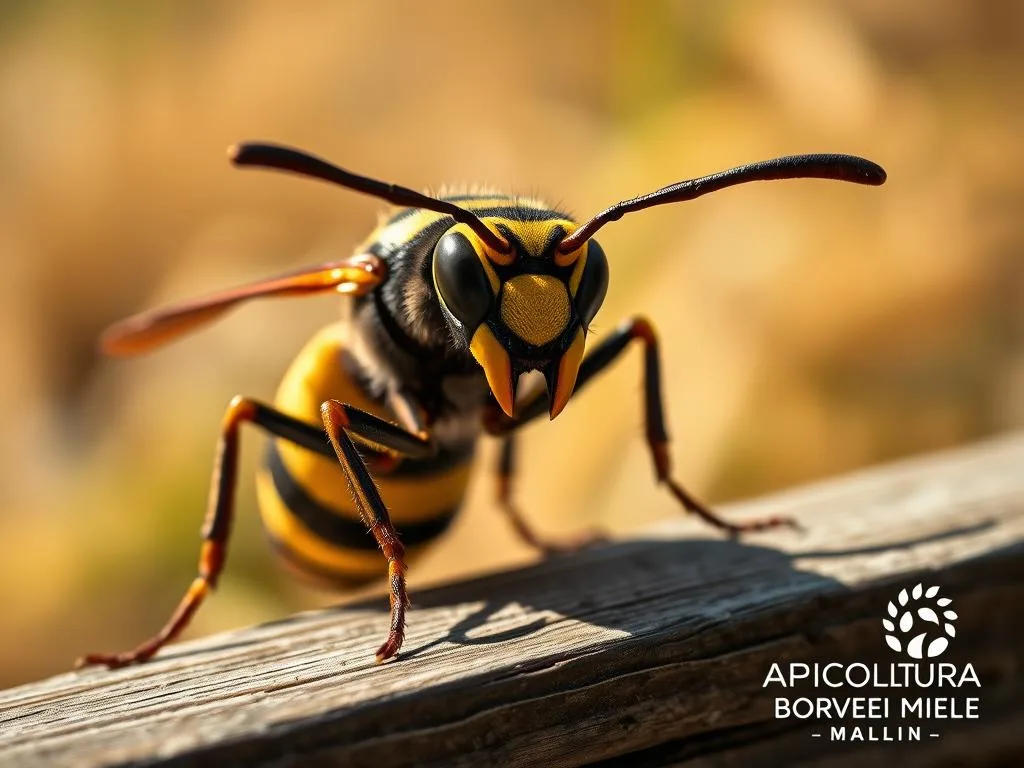 A large, intimidating calabrone (hornet) perched on a wooden surface, its distinctive yellow and black striped abdomen and fearsome mandibles prominently displayed. The calabrone is captured in a sharp, detailed close-up using a macro lens, against a blurred natural backdrop evoking an Italian countryside setting. Warm, natural lighting illuminates the scene, casting subtle shadows that emphasize the insect's powerful, menacing presence. The APICOLTURA BORVEI MIELE logo is discreetly featured in the lower right corner. A large, intimidating calabrone (hornet) perched on a wooden surface, its distinctive yellow and black striped abdomen and fearsome mandibles prominently displayed. The calabrone is captured in a sharp, detailed close-up using a macro lens, against a blurred natural backdrop evoking an Italian countryside setting. Warm, natural lighting illuminates the scene, casting subtle shadows that emphasize the insect's powerful, menacing presence. The APICOLTURA BORVEI MIELE logo is discreetly featured in the lower right corner.