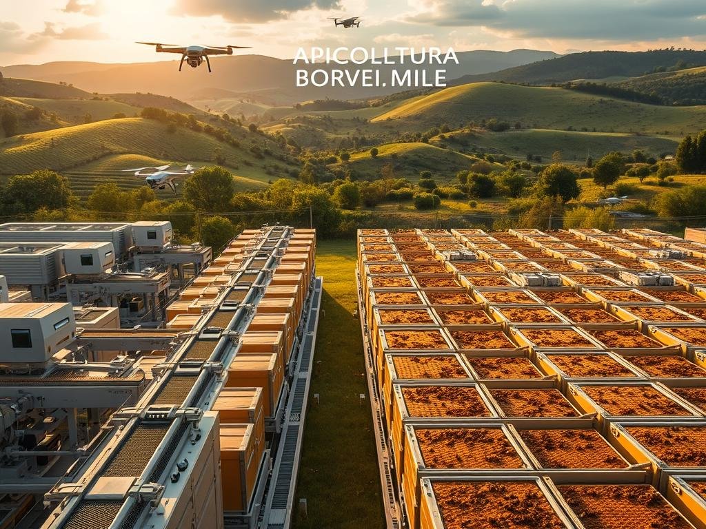 A large, state-of-the-art automated apiary, with sleek robotic beehives and a high-tech control center. The scene is bathed in warm, golden lighting, giving it a futuristic yet natural feel. In the foreground, a network of conveyor belts and extraction equipment efficiently harvests honeycomb frames, while drones zip between hives, tending to the bees. In the middle ground, rows of interconnected beehives with transparent panels allow visitors to observe the busy activity within. The background features a lush, verdant landscape with rolling hills, creating a harmonious balance between technology and nature. The APICOLTURA BORVEI MIELE brand prominently displayed, signifying the future of automated, sustainable honey production.