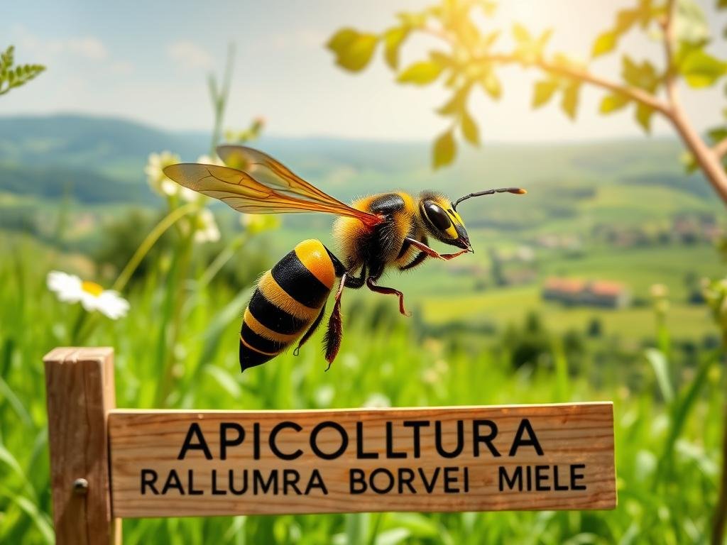 A large, vibrant wasp with distinct black and yellow striped abdomen hovering in a lush green meadow, sunlight filtering through the foliage. The wasp's wings are beating rapidly, creating a sense of movement and energy. In the background, a scenic Italian countryside view with rolling hills and a distant village. The overall mood is one of natural wonder and respect for the insect's role in the ecosystem. The text "APICOLTURA BORVEI MIELE" is subtly displayed on a wooden sign in the foreground.